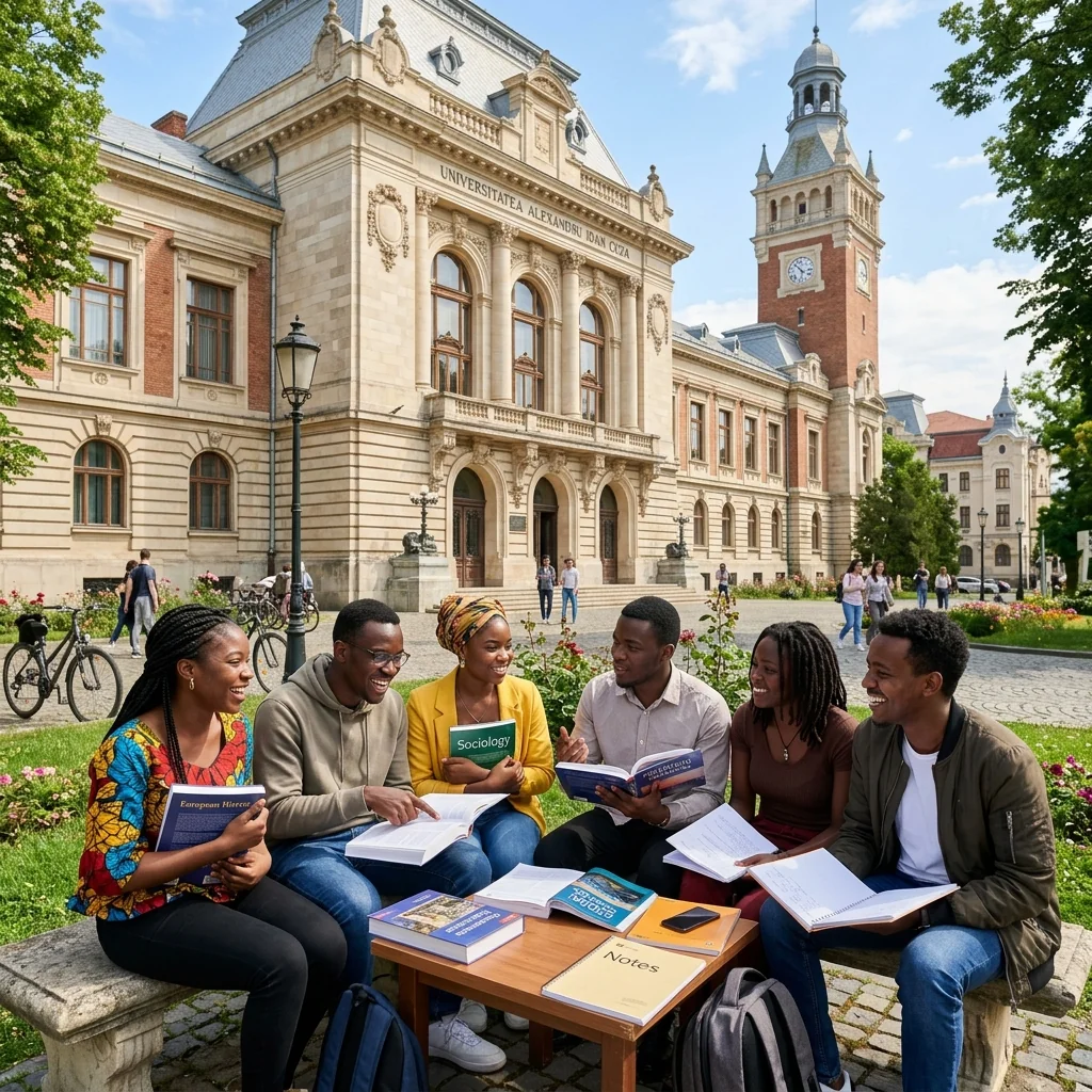 Étudiants africains heureux sur un campus en Roumanie